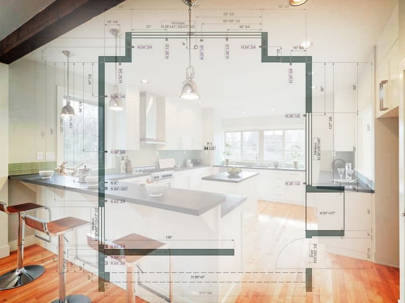 既存キッチン空間の現況と、その上に重ねられた計測・図面情報のイメージ