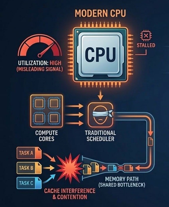 メモリ経路の共有ボトルネックと競合を示す概念イメージ